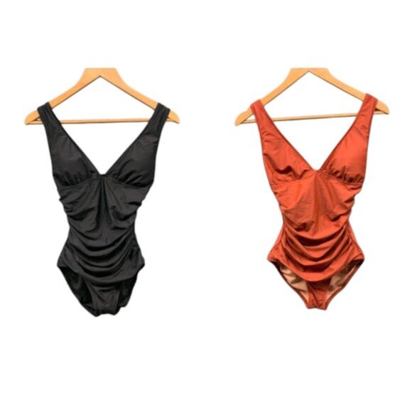 J.Crew One Piece Swimsuit Women’s 4 Black Orange Sweetheart Ruched NWT Lot 2‎ - Picture 1 of 8